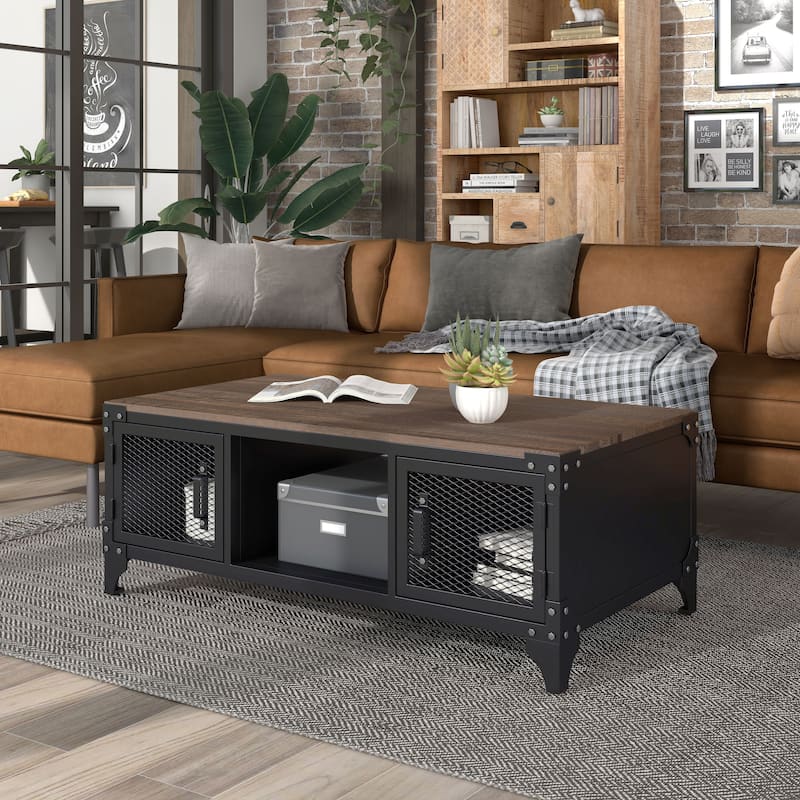 Conner Rustic Black and Dark Walnut 48-inch Steel Storage Coffee Table by Furniture of America