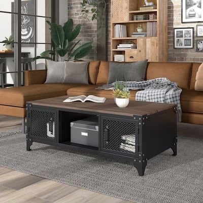 Conner Rustic Black and Dark Walnut 48-inch Steel Storage Coffee Table by Furniture of America