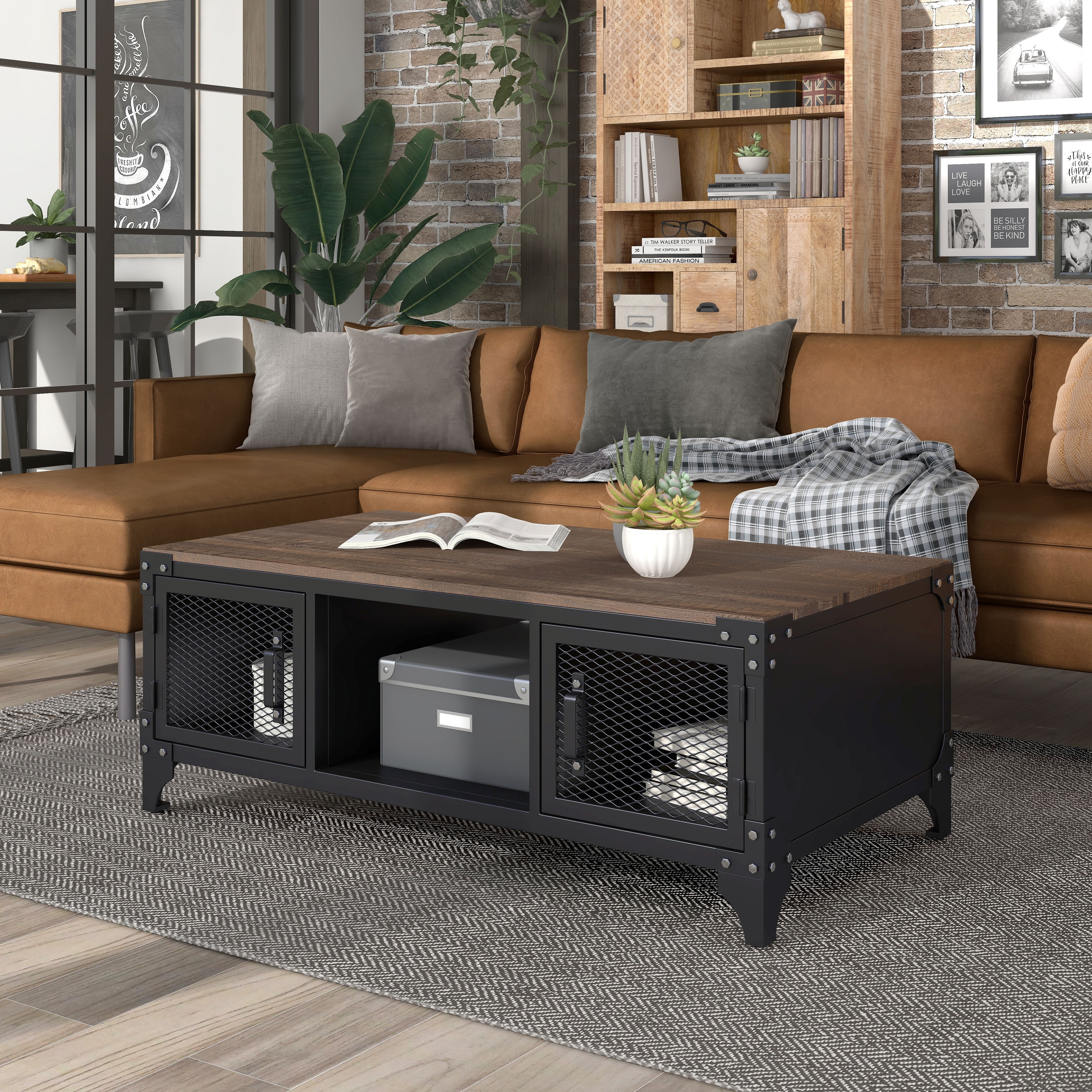 Furniture of America Conner Rustic Black and Dark Walnut 48-inch Steel Storage Coffee Table