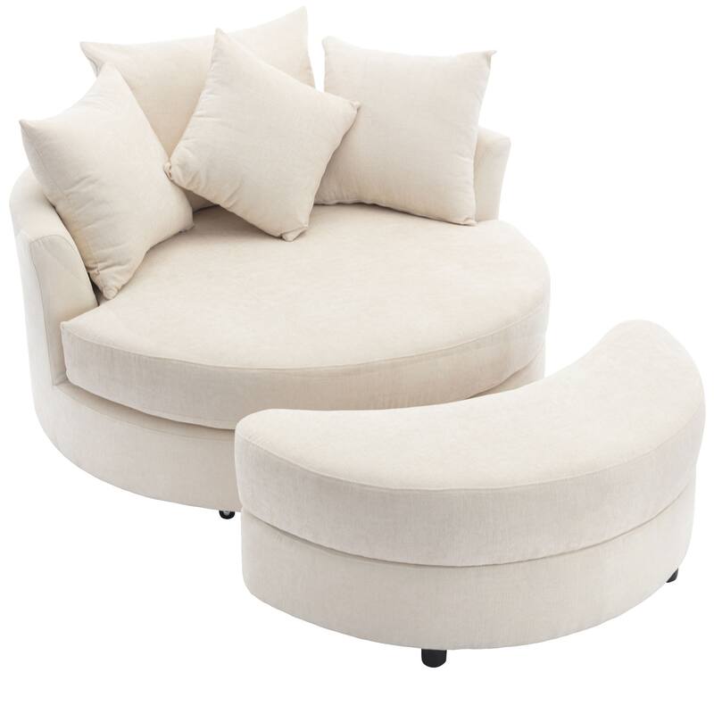 Roomfitters Modern 360° Swivel Barrel Chair with Hidden Storage Ottoman, Chenille Upholstery and Four Pillows