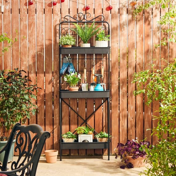 Plant Stand Outdoor Bakers Rack With Cabinet Safavieh PAT5014B Outdoor  Collection Amaris Antique White Wrought Iron