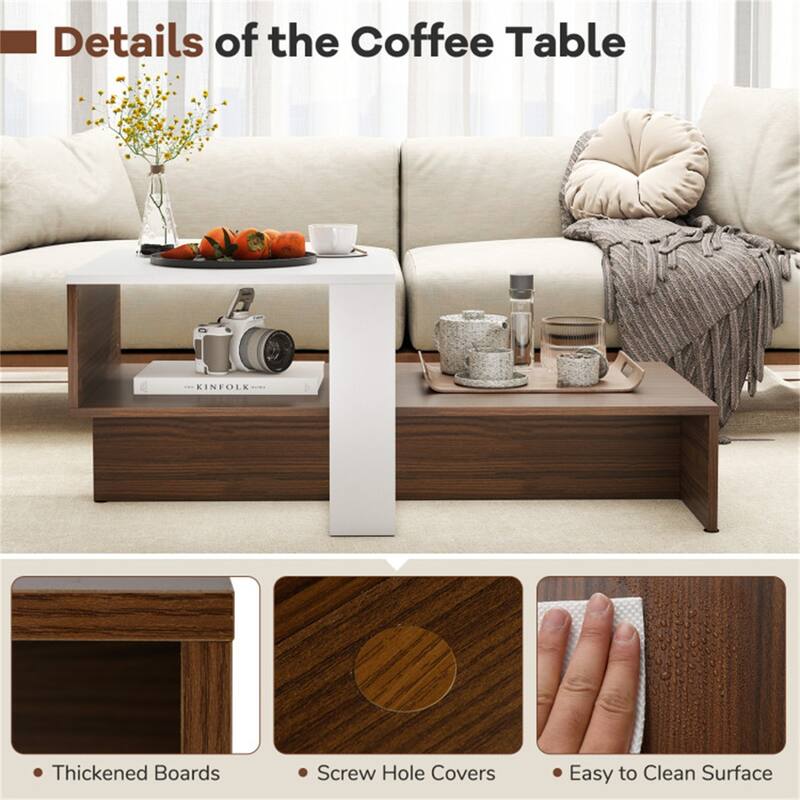 White-Brown Engineered Wood Geometric Coffee Table with 2 Tier Storage - 31" x 16" x 13" (L x W x H)