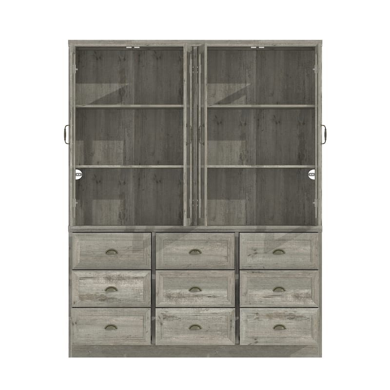 6-Shelves Adjustable Bookshelf Oak Display Bookcase with 9 Drawers