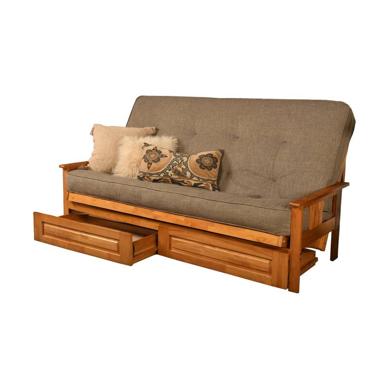 Somette Monterey Queen-size Storage Futon Set in Butternut Finish with Linen Mattress - Linen Stone