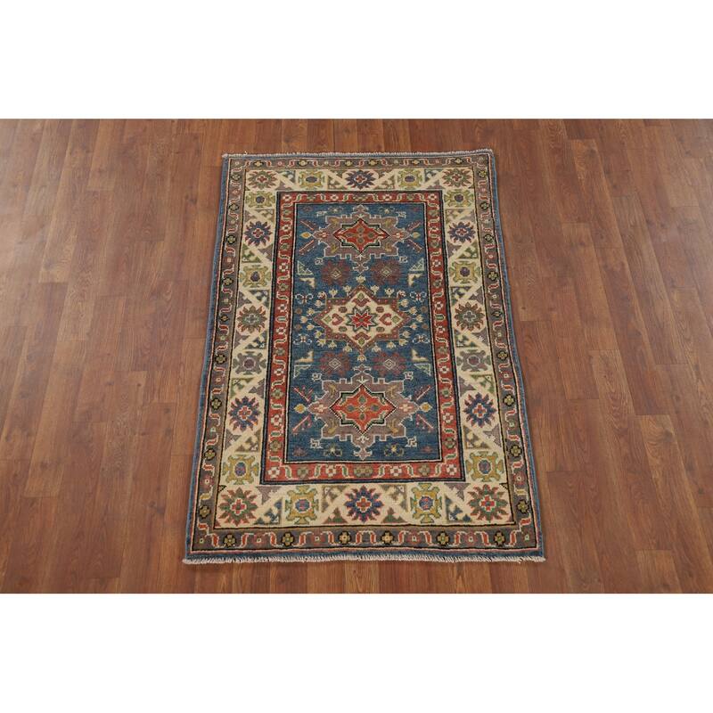 Blue Traditional Kazak Oriental Foyer Rug Hand-Knotted Wool Carpet - 2'8" x 4'3"