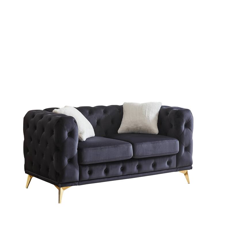 Velvet Chesterfield Loveseat Sofa, Tufted Button Upholstered 2 Seater Sofa, Lounge Sofa Chair with 2 Pillows & Metal Legs