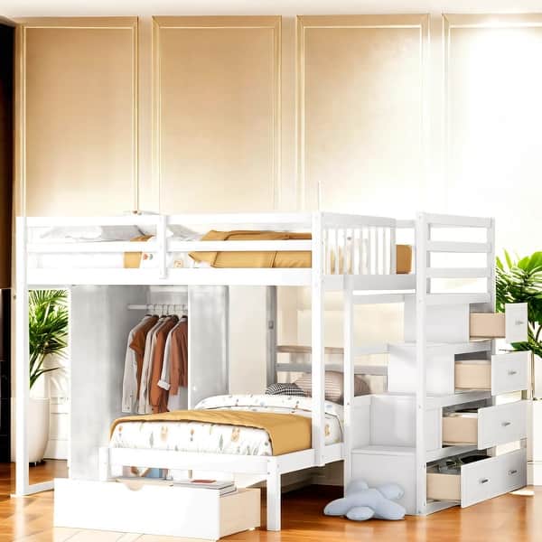 slide 2 of 15, Full Over Twin Children'S Bunk Bed with Closet and Stairs with Handrail for Bedroom White