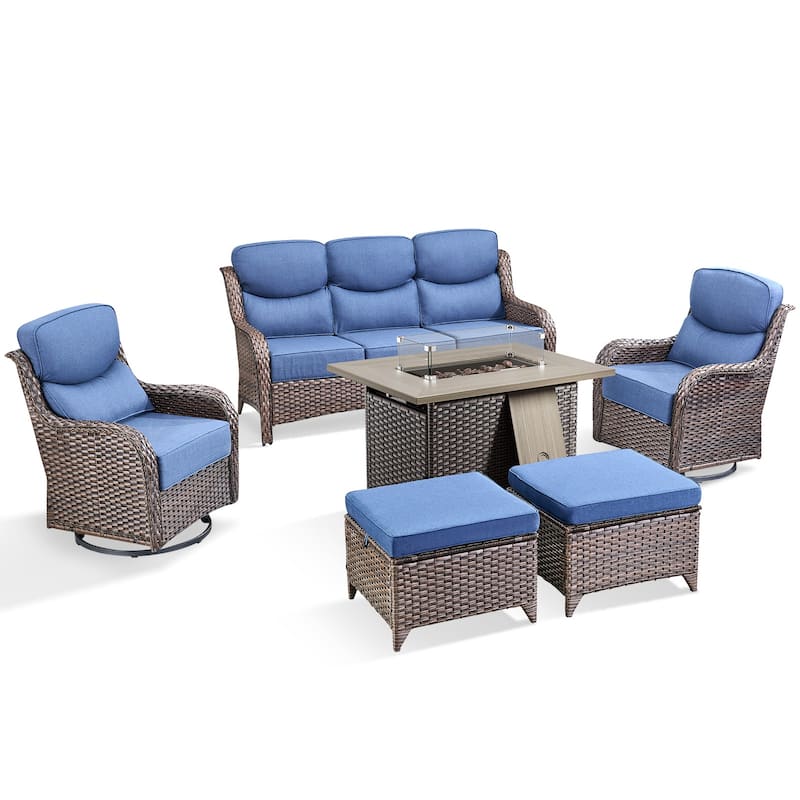 Pocassy 6 Pieces Outdoor 6 Inch Sofa Swivel Chair Ottoman with Fire Table