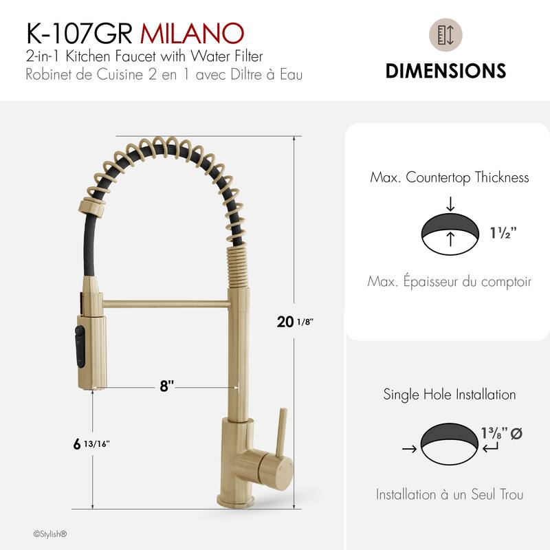 Milano Pull-Down Kitchen Faucet with water filter. Stainless Steel Gold.