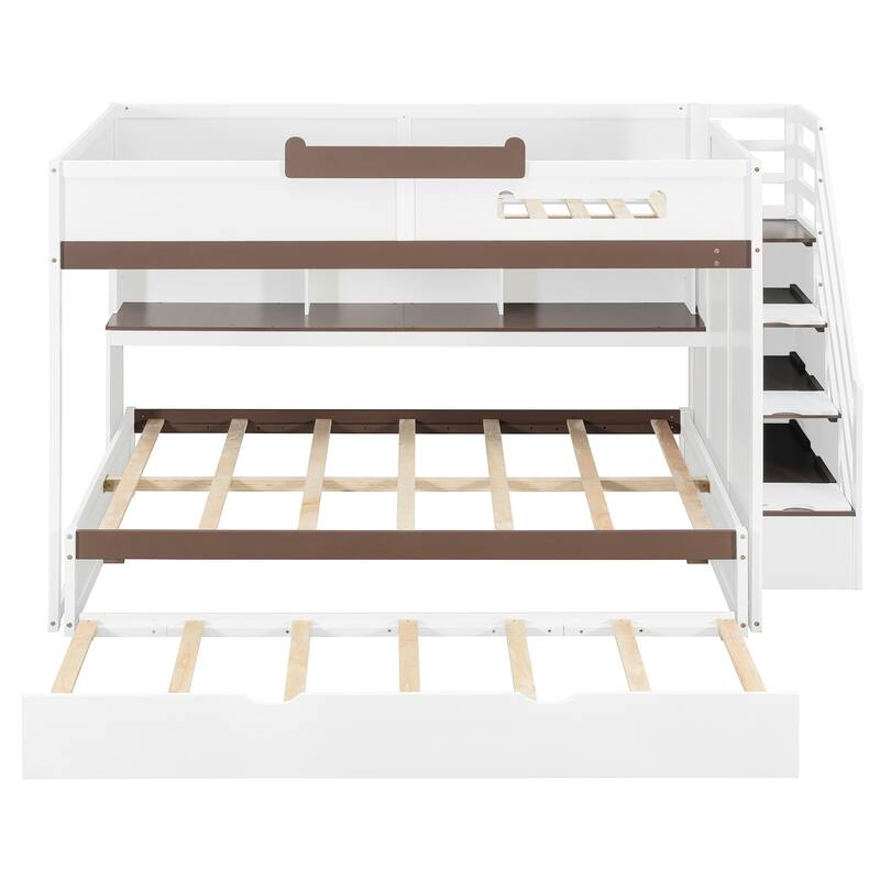 Full Over Full Bunk Bed with Twin Trundle, Staircase, Kids Loft Bed with Storage, LED Lighting, Space-Saving Wood Bed Frame