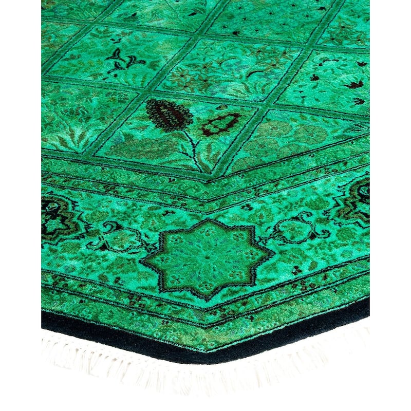 Overton Hand Knotted Wool Vintage Inspired Modern Contemporary Overdyed Green Octagon Area Rug - 6' 1" x 6' 1"