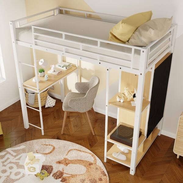 slide 2 of 18, Twin Size Metal Loft Bed with Desk, Storage Shelves and Built-In Wardrobe, Full-Length Guardrails on the Upper Bed White
