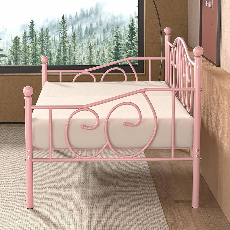VECELO Metal Twin Size Daybed with Roman Column Legs Scroll Design Heavy Duty 350 lbs Capacity Sofa Bed for Living Room