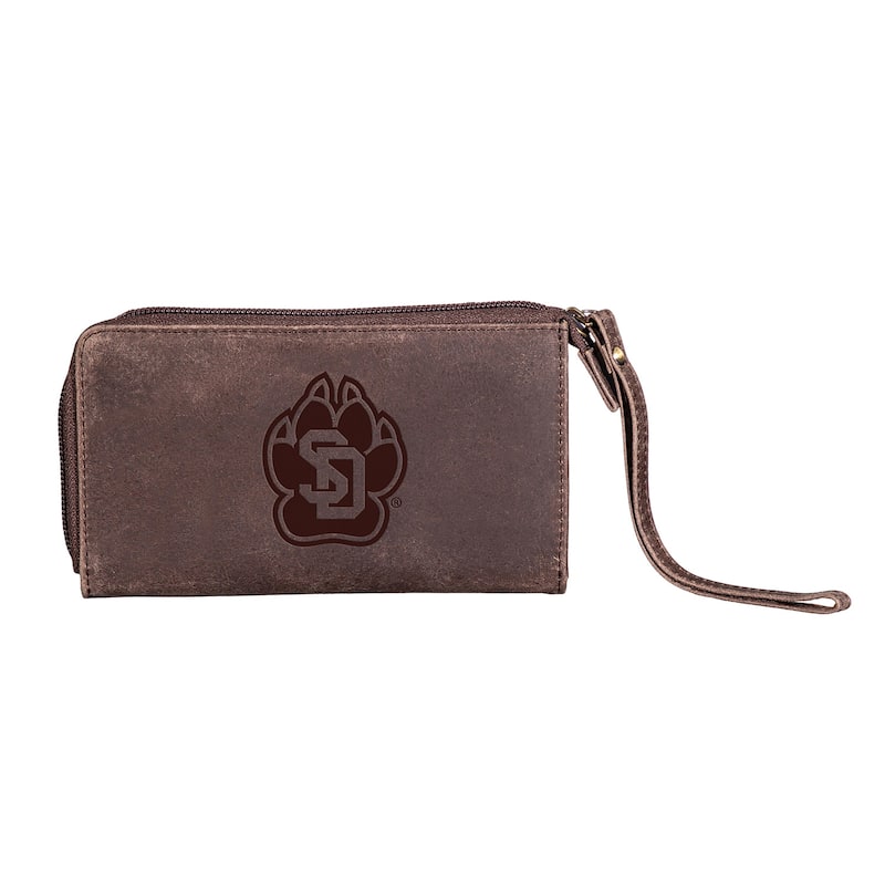 Brown Leather Cell Phone Wristlet Wallet, University of South Dakota - 4" x 7"