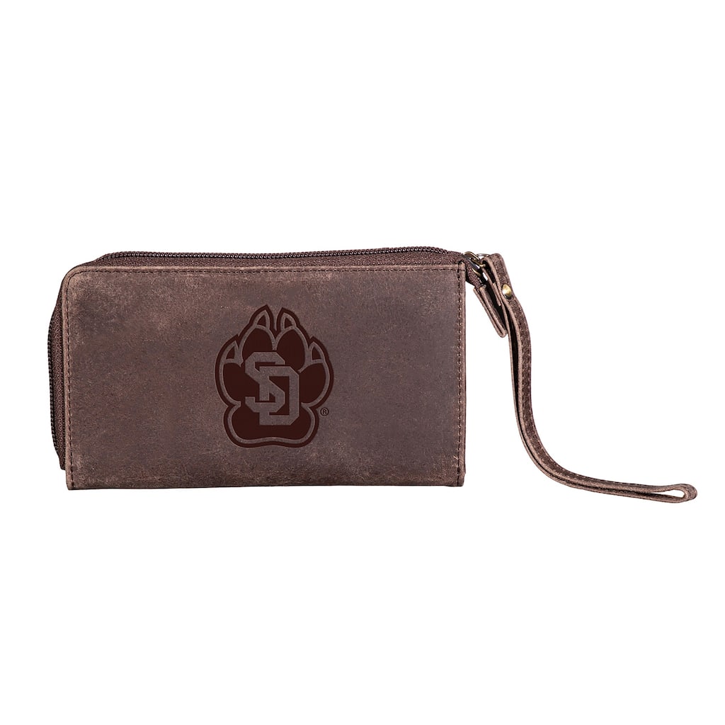 Brown Leather Cell Phone Wristlet Wallet, University of South Dakota - 4" x 7"