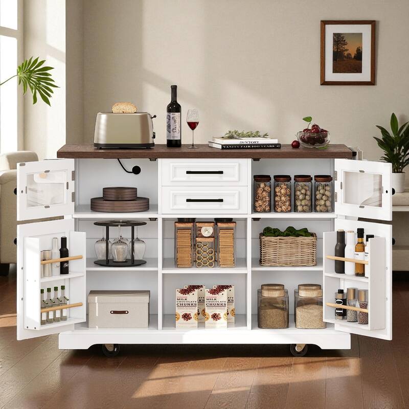 54.9" Farmhouse Kitchen Island with Drop Leaf, Power Outlet, Glass Door, 4 Storage Shelves & Barn Doors on Wheels