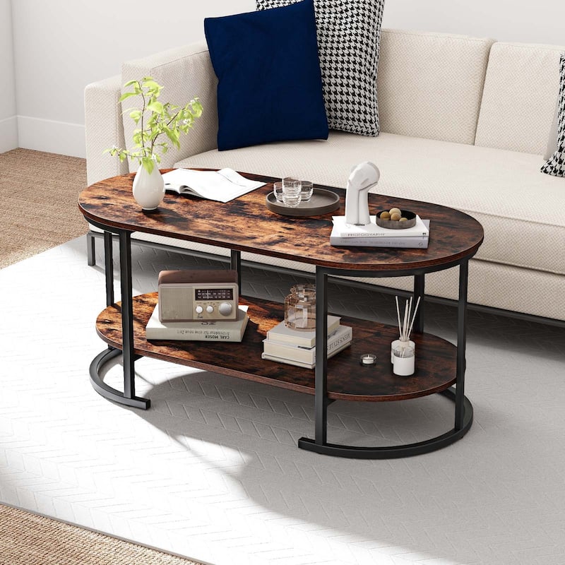 Gymax 2-Tier Wooden Accent Table w/Spacious Tabletop Open Storage