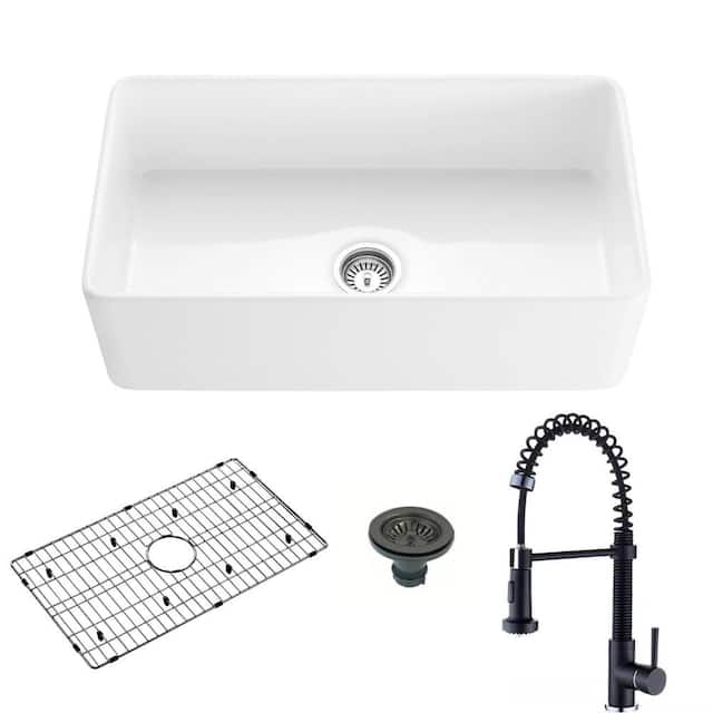 Fireclay Farmhouse Kitchen Sink - Contemporary European Design - 33-Inch - Sink w/grid, drain cover & faucet - Gun Metal