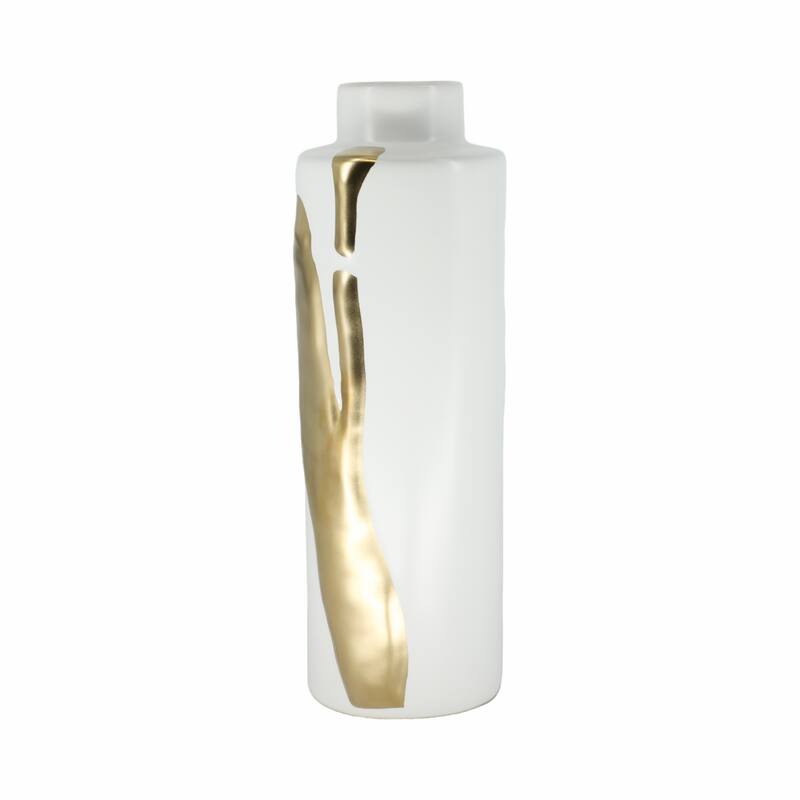 Sagebrook Home Procida White Porcelain Vase with Gold Abstract, Pretty Piece of Decor