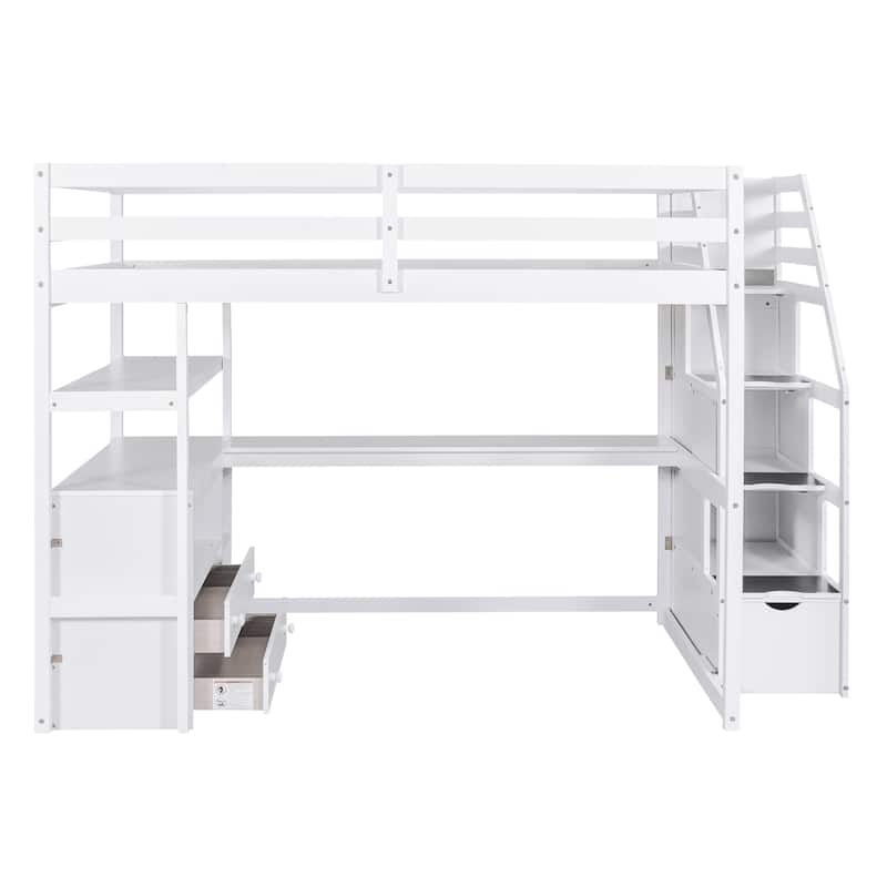 Full Size Loft Bed w/Desk,Shelves,Built-inDrawers,Storage Staircase