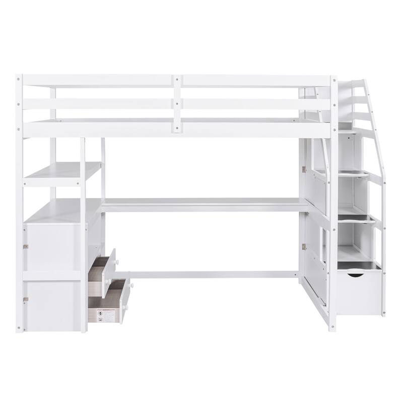 Full Size Loft Bed with Desk, Shelves, Drawers, and Storage Staircase in White