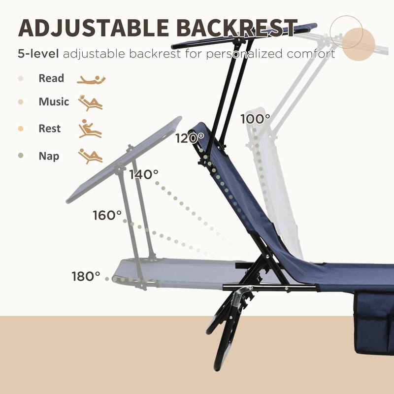 Outdoor Folding Chaise Lounge Pool Chairs with Canopy Shade, Reclining Back, Steel Frame and Side Pocket for Beach, Yard, Patio
