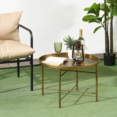 24" Round Coffee Table with Hammered Tray Top Metal Frame