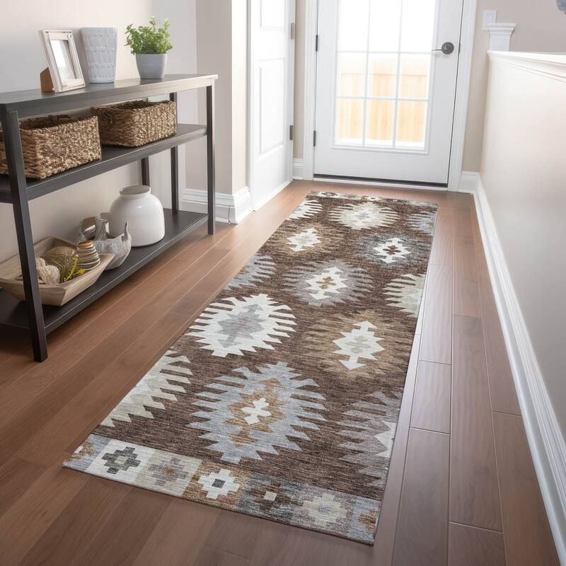 Machine Washable Indoor/ Outdoor Boho Tribal Chantille Rug