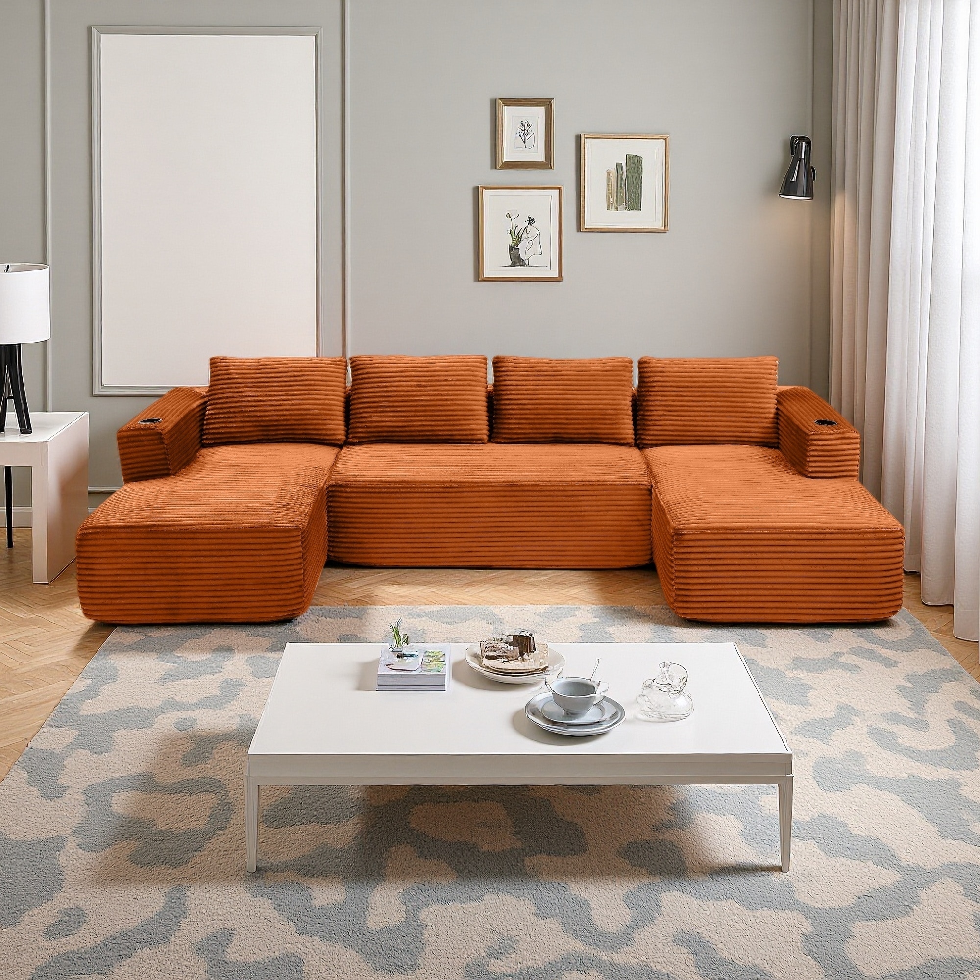 132" Corduroy U-Shaped Boneless Modular Sectional Sofa with Cup Holders