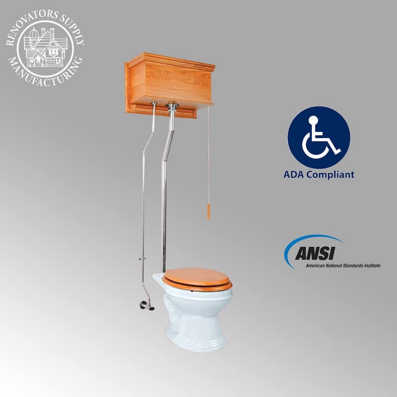 High Tank Toilet - Light Oak Flat Tank, Chrome Plated L Pipe and Elongated White Bowl Renovators Supply