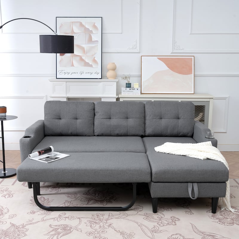 Pull Out Couch, L Shaped Convertible Sleeper Sofa Bed with Hidden Storage, 3-in-1 Upholstered Sectional Sofa with Cup Holder - Grey