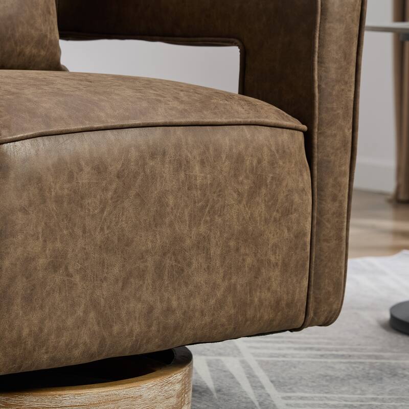 Roomfitters 29.1" Modern Swivel Barrel Chair, Open Back Faux Leather Club Chair with Weathered Wood Base