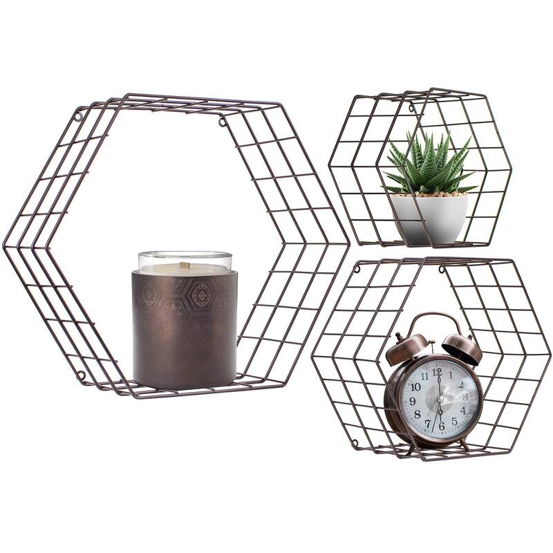 Metal Wire Hexagon Design Wall Mounted Floating Shelves, Set of 3 - Brown