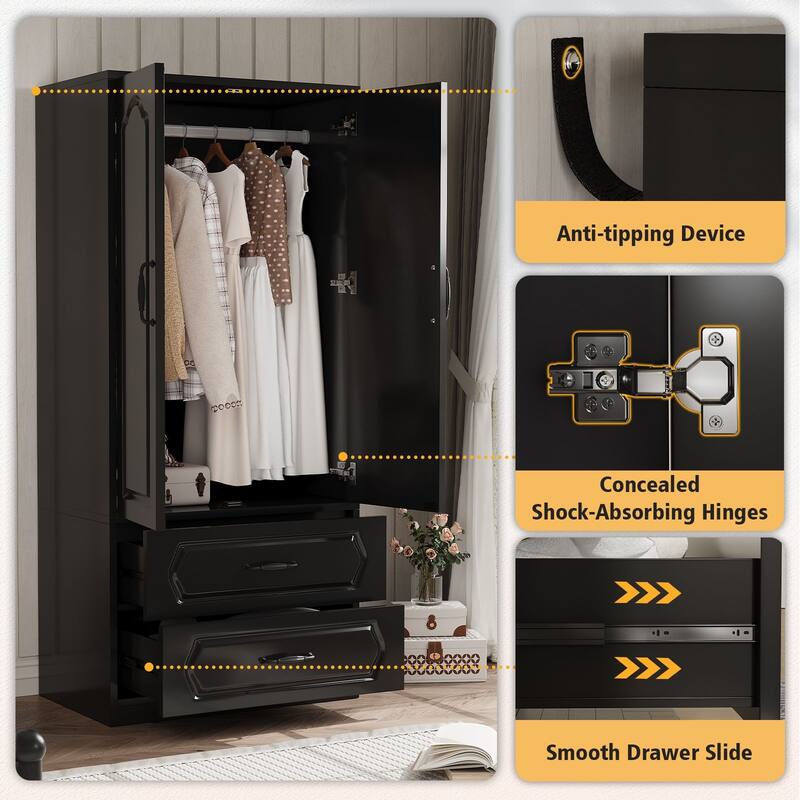 69" Wooden Armoire Wardrobe Closet with Drawers, Modern Bedroom Storage Cabinet with Hanging Rod