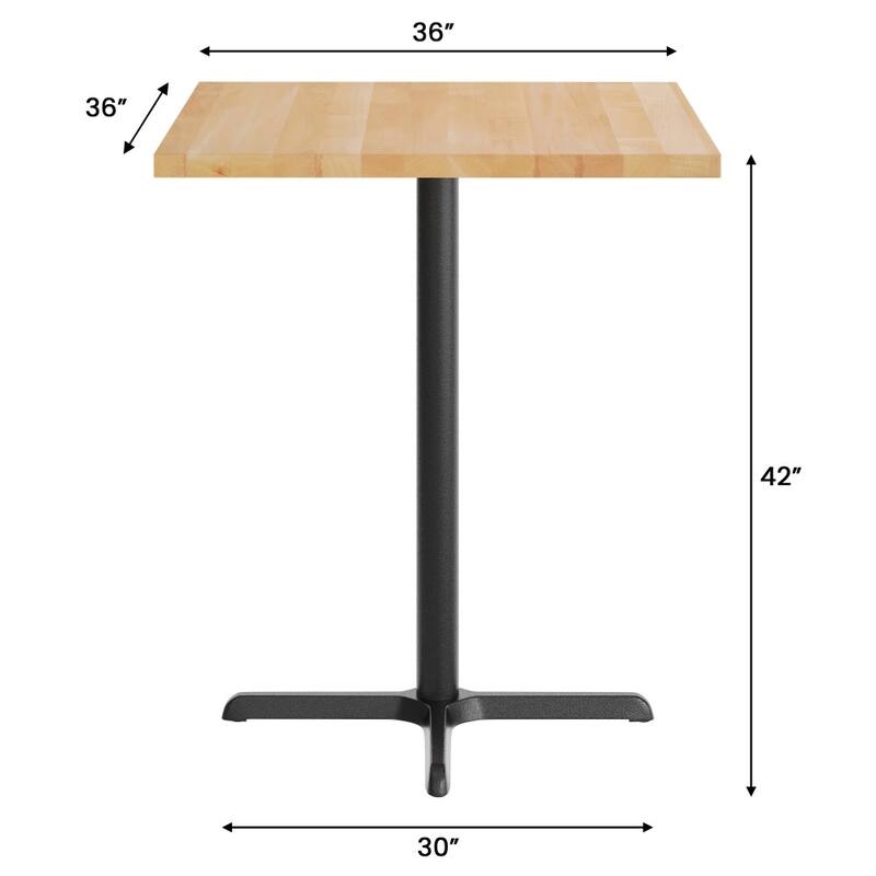 Square Solid Wood Commercial Tabletop with 30" x 30" Bar Height X-Base - 36"W x 36"D x 42"H