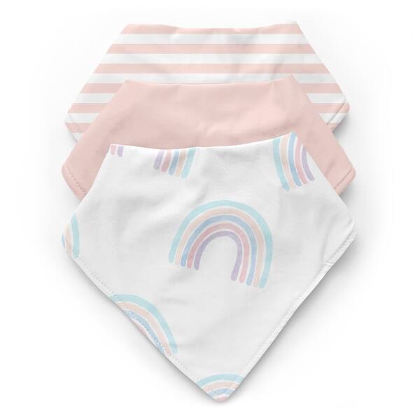 slide 2 of 6, Pastel Rainbow Collection Fabric Bandana Baby Bibs (3 Pack Set) - Blush Pink Purple Teal Blue and White Watercolor Boho Bohemian