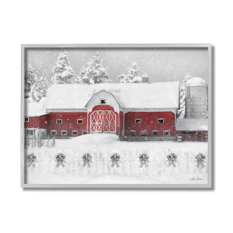 Stupell Red Barn Winter Scene Farm Charm Snowfall Framed Wall Art - On ...