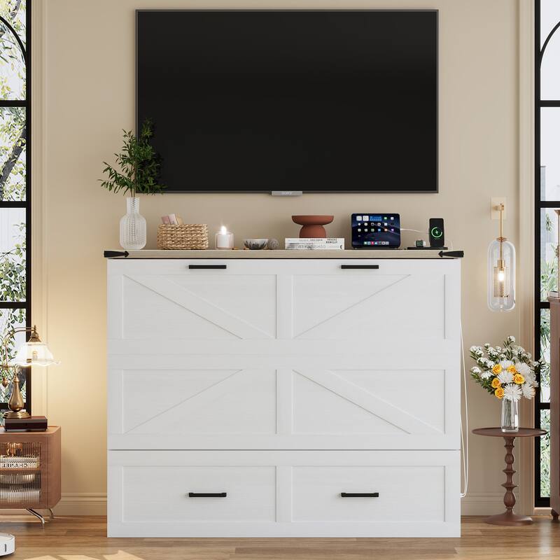 Full/Queen Size Pull Out Murphy Bed Frame, Wood Foldable Platform Cabinet Bed with Charging Station and Large Storage Drawers