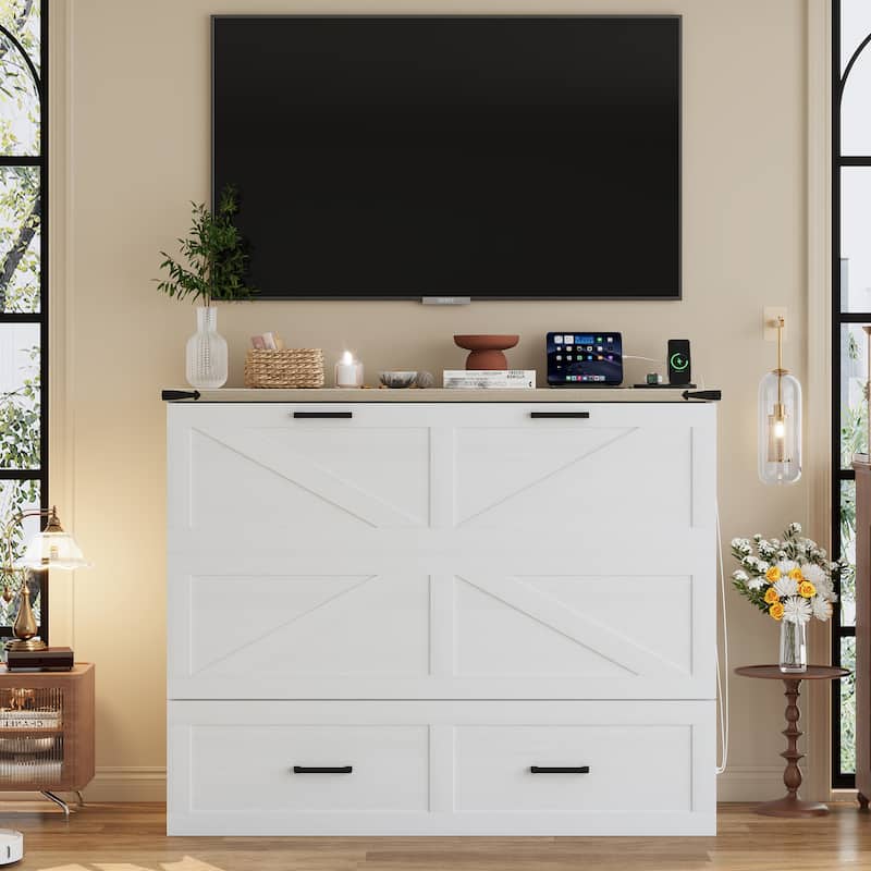 Full Size Farmhouse Murphy Cabinet Bed with Charging Station, Foldable Platform Bed with Large Storage Drawer