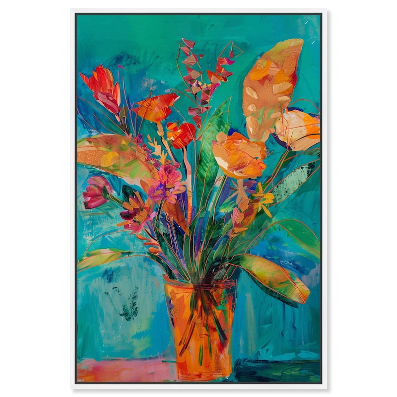 Art Remedy Bold And Bright Flower Vase Framed Flowers In Vase Paintings - 31 x 46 - White