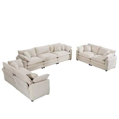 3+2+2 Seater Corduroy Fabric Flexible Combinations Sofa Set with Removable Armrests and Throw Pillows for Livingroom