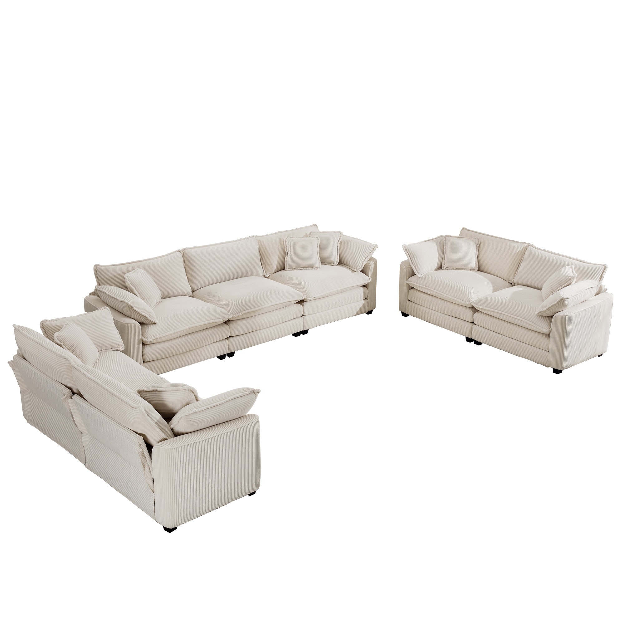 3+2+2 Seater Corduroy Fabric Flexible Combinations Sofa Set with Removable Armrests and Throw Pillows for Livingroom