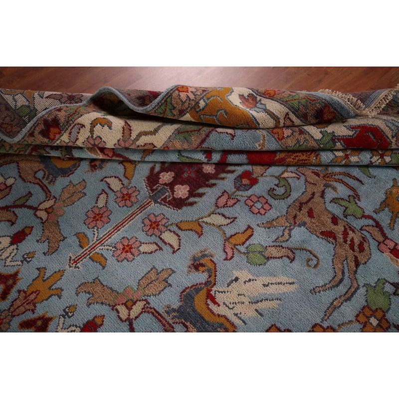 Hunting Animals Blue Ziegler Indian Area Rug Hand-Knotted Wool Carpet - 8'10"x 12'2"