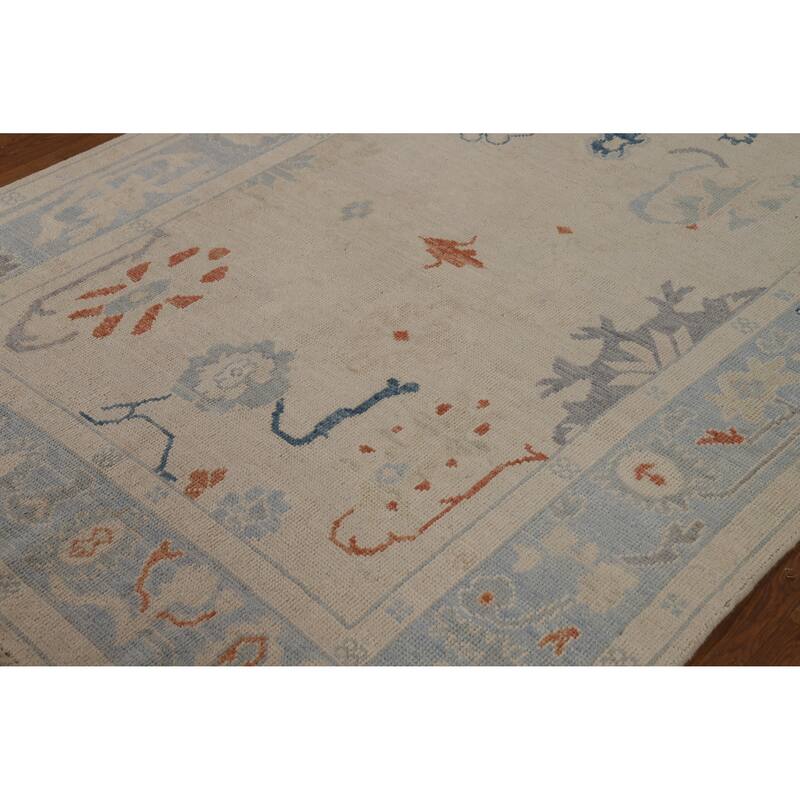 Vegetable Dye Beige Oushak Turkish Rug Hand-Knotted Wool Carpet - 5'2"x 7'0"