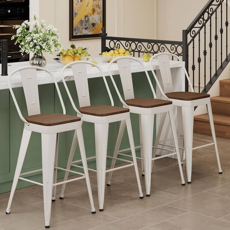 Counter Stools with Metal Frame Counter Height Bar stools with High Back 24" Kitchen Bar Furniture Stools with Wooden Seat - Off-White - Set of 4