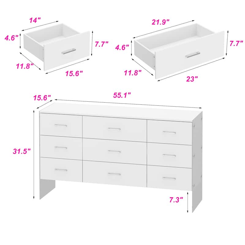 Dresser Chest of 9 Drawers Triple Dresser with Glass Legs White