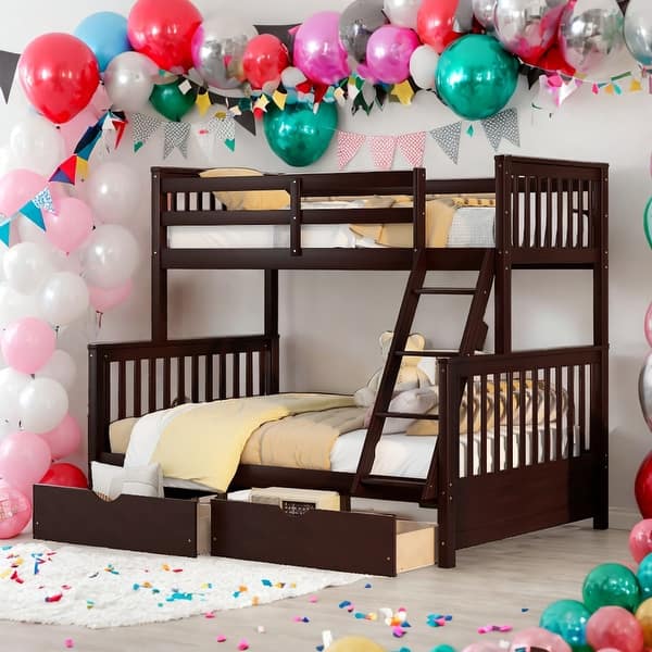 slide 2 of 73, Modren Twin Over Full Functional Bunk Bed With Ladders and Two Storage Drawers Espresso