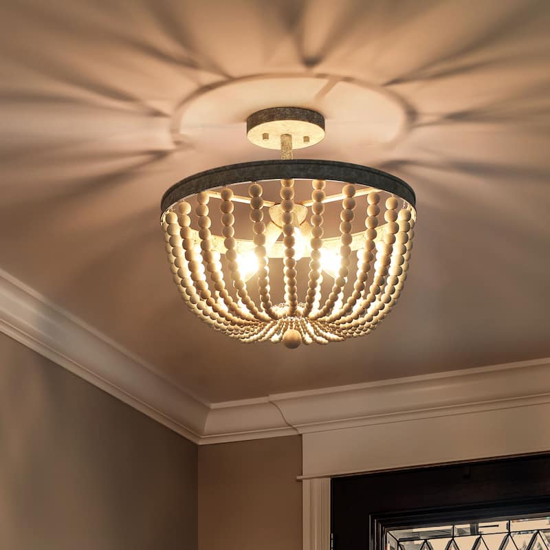 Farmhouse 3-Light Wood Beaded Semi Flush Mount Coastal Ceiling Light - D16" x H13.5"
