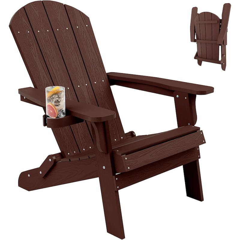 WINSOON All Weather HIPS Oversized Folding Adirondack Chair with Cup Holder - Mahogany