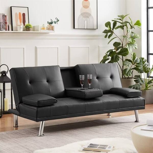 slide 2 of 75, Modern Convertible Sleeper Sofa, Faux Leather Foldable Recliner Couch with 2 Cup Holders, Upholstered Futon Sofa Bed